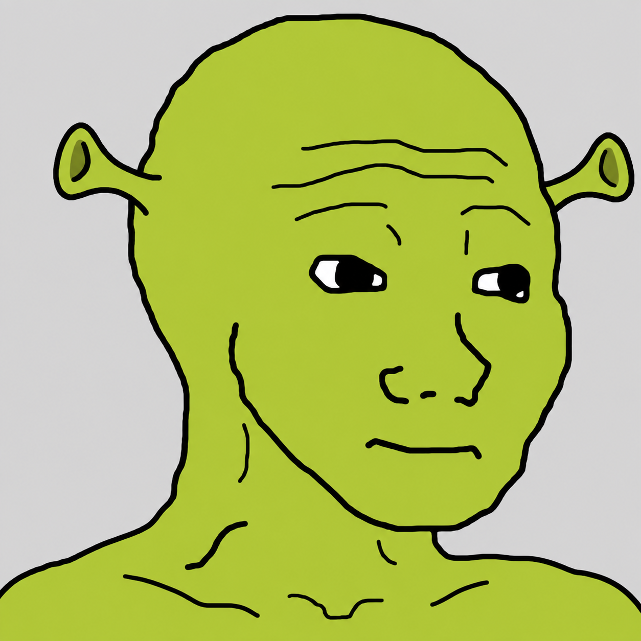 A hand-drawn lime-green Shrek Wojak character with a calm, unimpressed expression